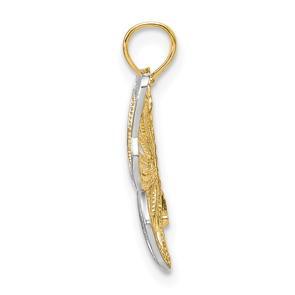 14K Gelb & Rhodium mit Rhodium Schmetterling mit Weiß Gekugelt Flügel Charm