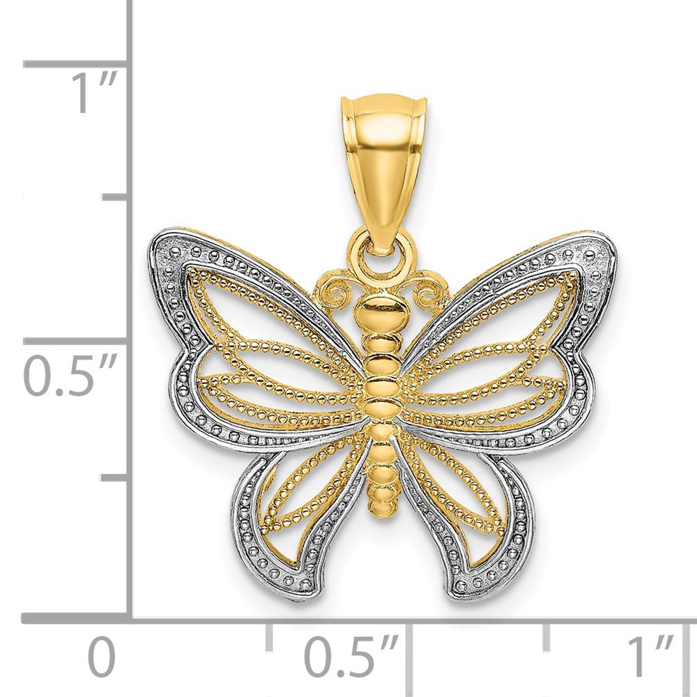 14K Gelb & Rhodium mit Rhodium Schmetterling mit Weiß Gekugelt Flügel Charm