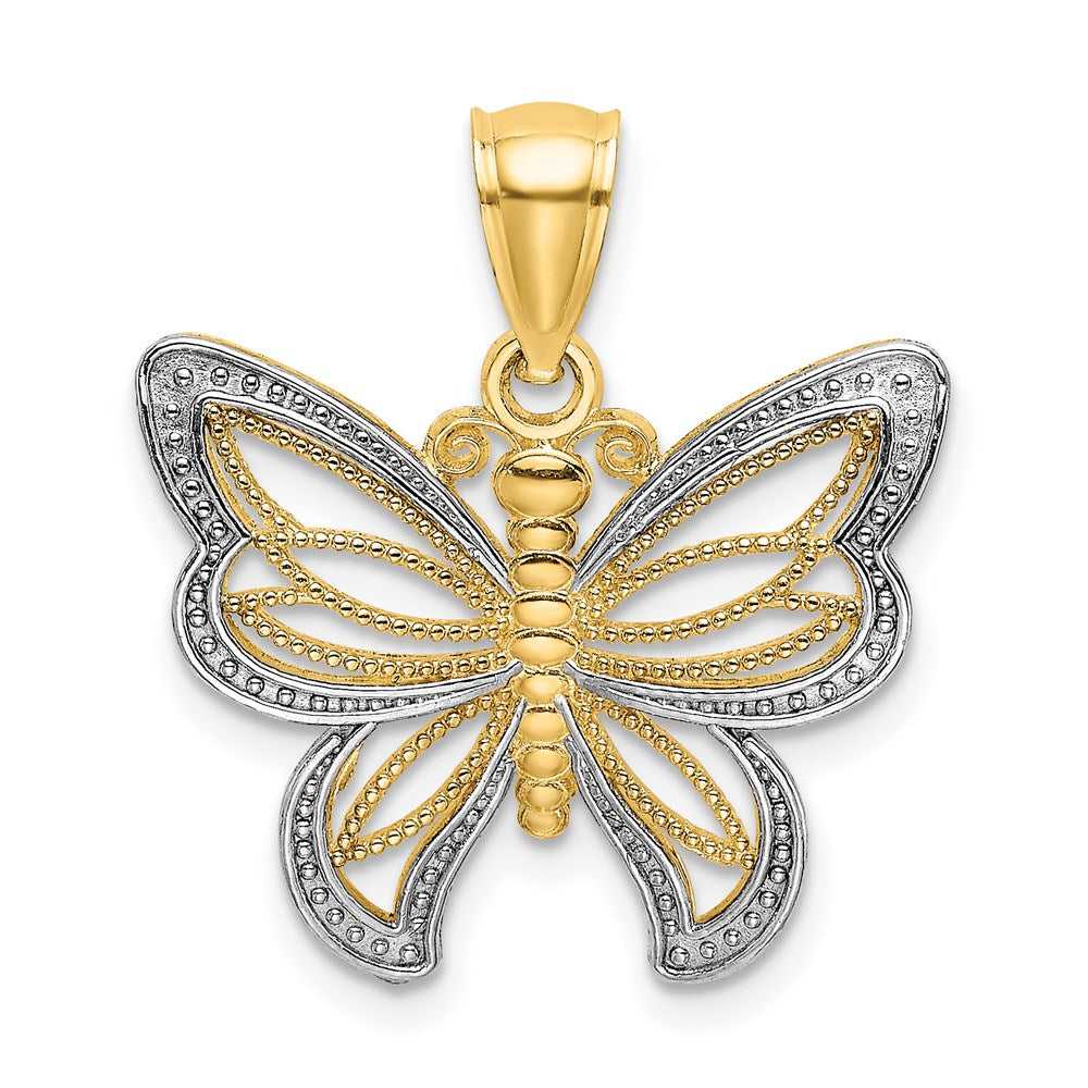 14K Gelb & Rhodium mit Rhodium Schmetterling mit Weiß Gekugelt Flügel Charm