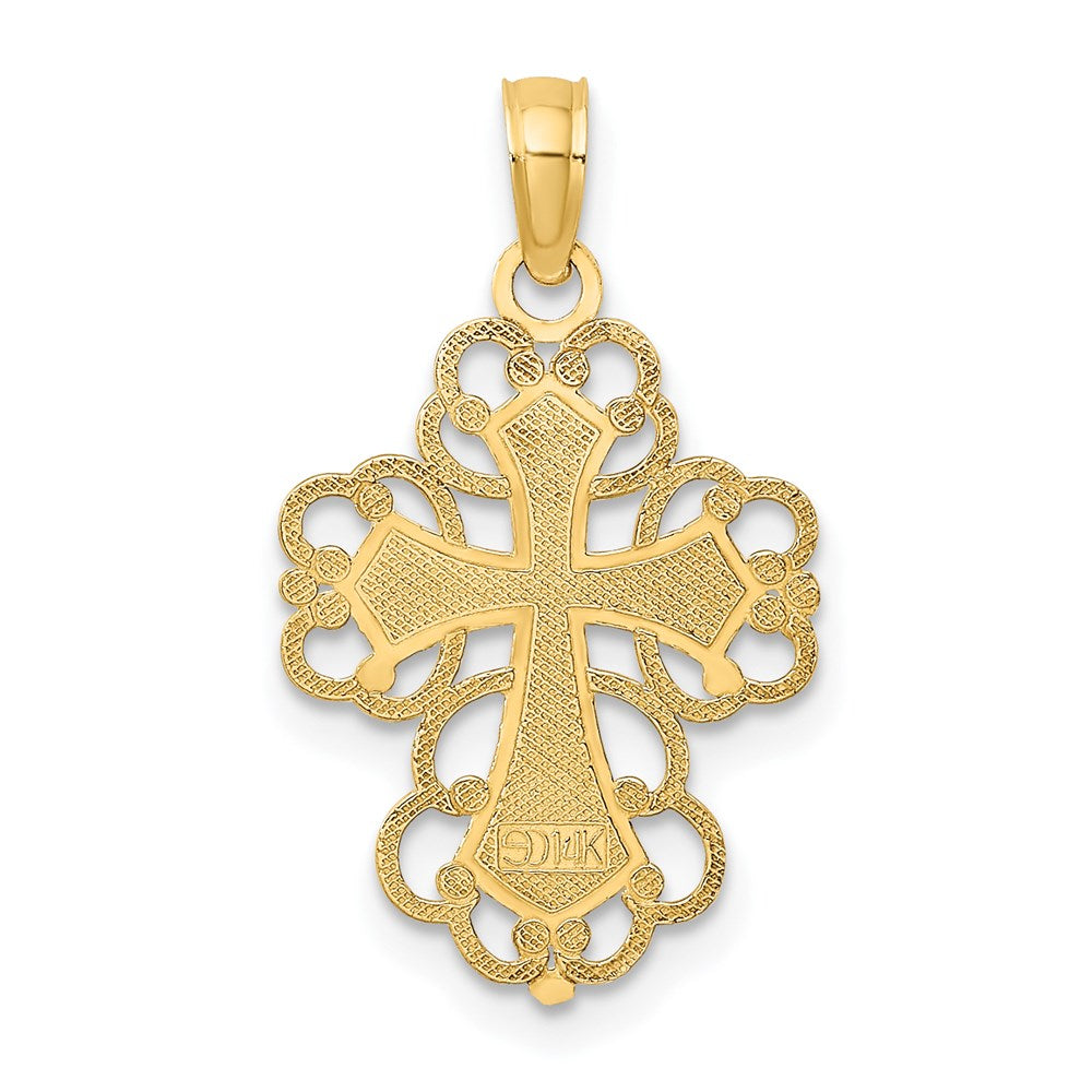 14K Gelb & Rhodium mit Gekugelt Lace Zierde Kreuz Charm
