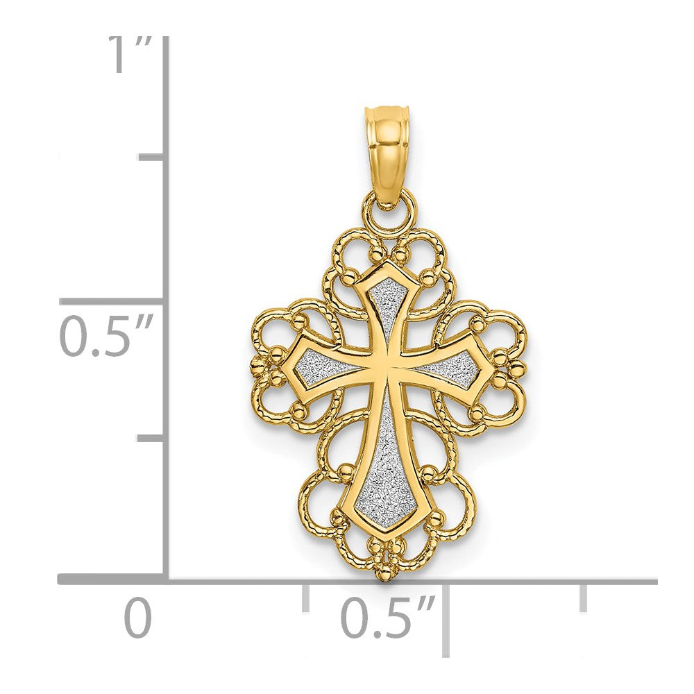 14K Gelb & Rhodium mit Gekugelt Lace Zierde Kreuz Charm