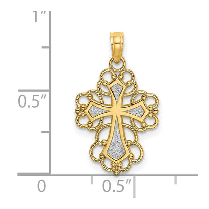 14K Gelb & Rhodium mit Gekugelt Lace Zierde Kreuz Charm