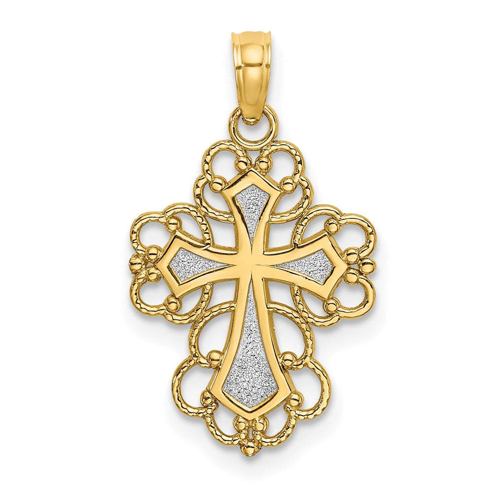14K Gelb & Rhodium mit Gekugelt Lace Zierde Kreuz Charm