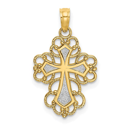 14K Gelb & Rhodium mit Gekugelt Lace Zierde Kreuz Charm