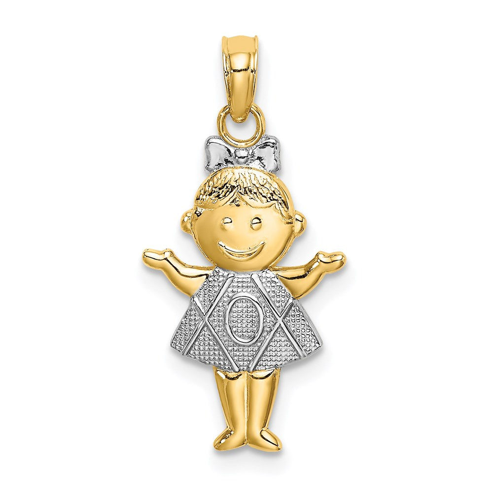 14K Gelb & Rhodium Strukturiert mit Rhodium Mädchen Charm