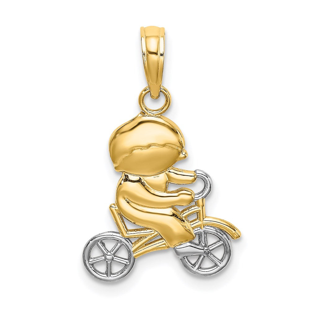 14K Gelb & Rhodium mit Rhodium Little Junge auf Bicycle Charm