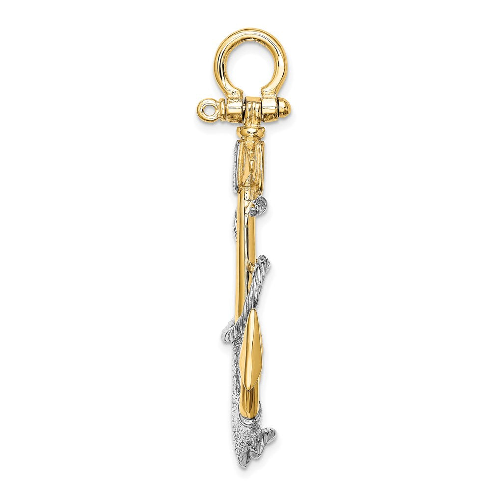 14K Bicolor Gold mit Rhodium 3-D Anker-Charm mit weißer Seil-Bügel-Öse (Shackle)