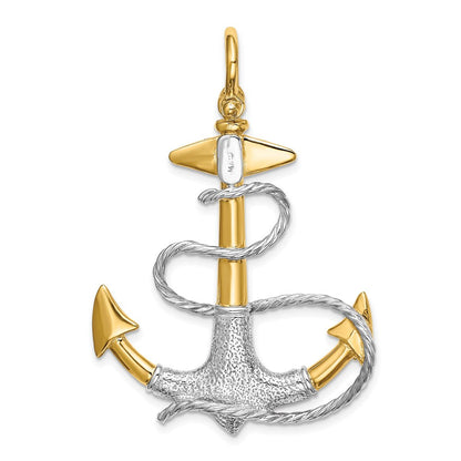 14K Bicolor Gold mit Rhodium 3-D Anker-Charm mit weißer Seil-Bügel-Öse (Shackle)