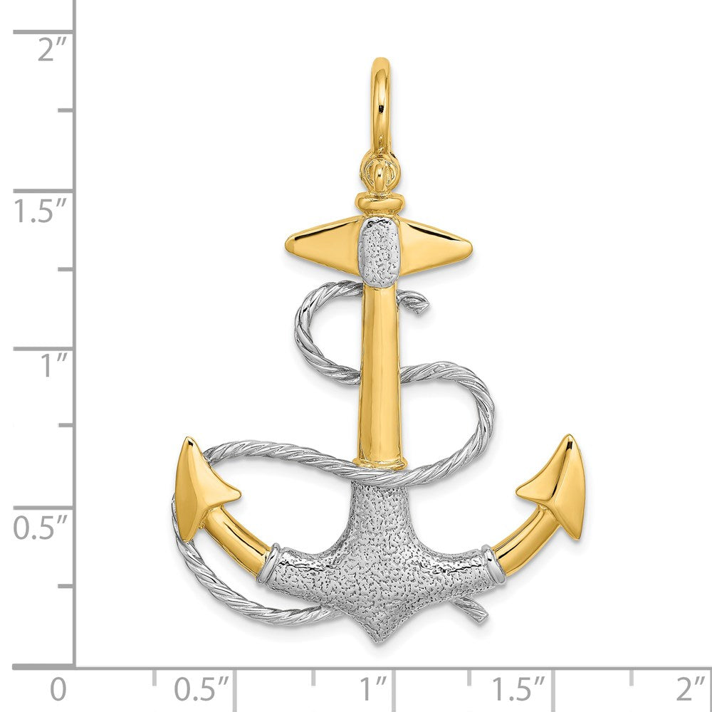 14K Bicolor Gold mit Rhodium 3-D Anker-Charm mit weißer Seil-Bügel-Öse (Shackle)