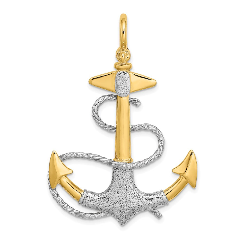 14K Bicolor Gold mit Rhodium 3-D Anker-Charm mit weißer Seil-Bügel-Öse (Shackle)