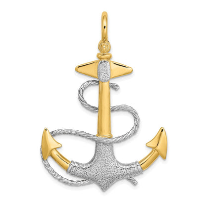 14K Bicolor Gold mit Rhodium 3-D Anker-Charm mit weißer Seil-Bügel-Öse (Shackle)
