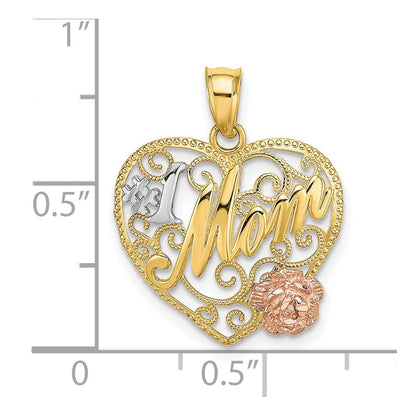 14K Bicolor-Gold mit Weiß-Rhodium-Beschichtung "#1 MOM" Herz-Charm