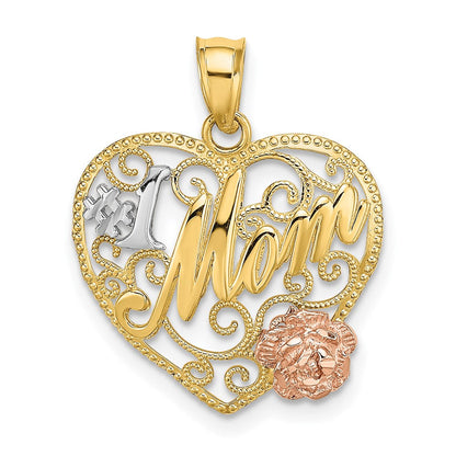 14K Bicolor-Gold mit Weiß-Rhodium-Beschichtung "#1 MOM" Herz-Charm