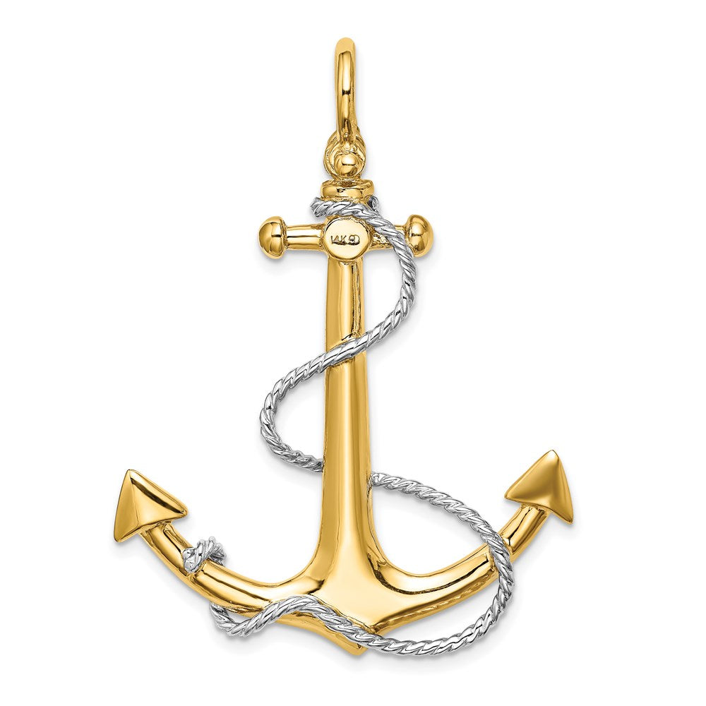 14K Gelb- und Rhodiumgold mit Rhodium 3-D Großer Anker mit Seil und Schäkel-Öse Charm