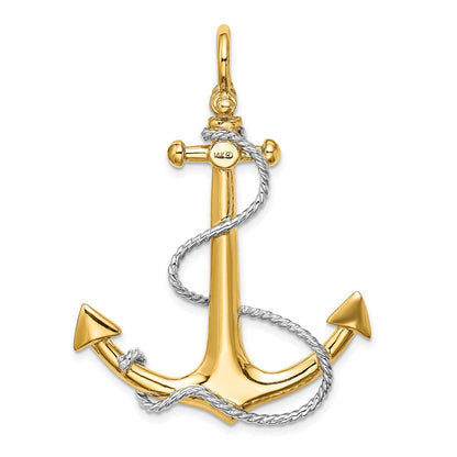 14K Gelb- und Rhodiumgold mit Rhodium 3-D Großer Anker mit Seil und Schäkel-Öse Charm