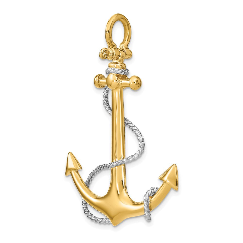 14K Gelb- und Rhodiumgold mit Rhodium 3-D Großer Anker mit Seil und Schäkel-Öse Charm