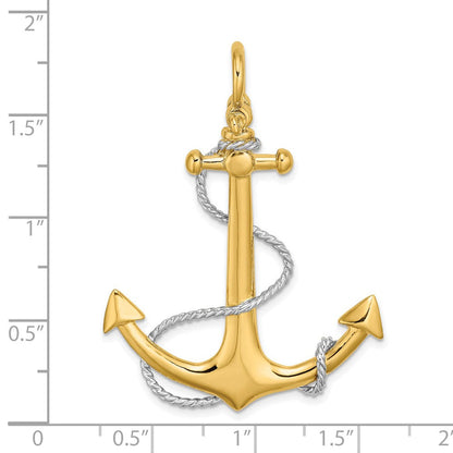 14K Gelb- und Rhodiumgold mit Rhodium 3-D Großer Anker mit Seil und Schäkel-Öse Charm