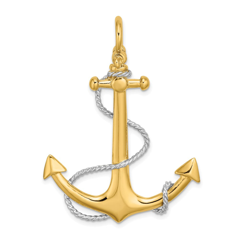 14K Gelb- und Rhodiumgold mit Rhodium 3-D Großer Anker mit Seil und Schäkel-Öse Charm