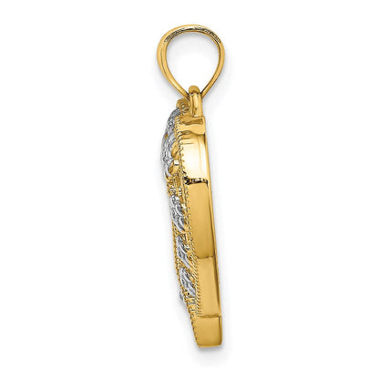 14K Gelb- und Rhodiumgold Zweifarbiges Gold Strukturierter Herz-Charm mit Blumen-Ausschnitt