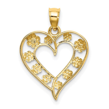 14K Gelb- und Rhodiumgold Zweifarbiges Gold Strukturierter Herz-Charm mit Blumen-Ausschnitt