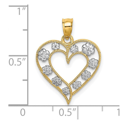 14K Gelb- und Rhodiumgold Zweifarbiges Gold Strukturierter Herz-Charm mit Blumen-Ausschnitt