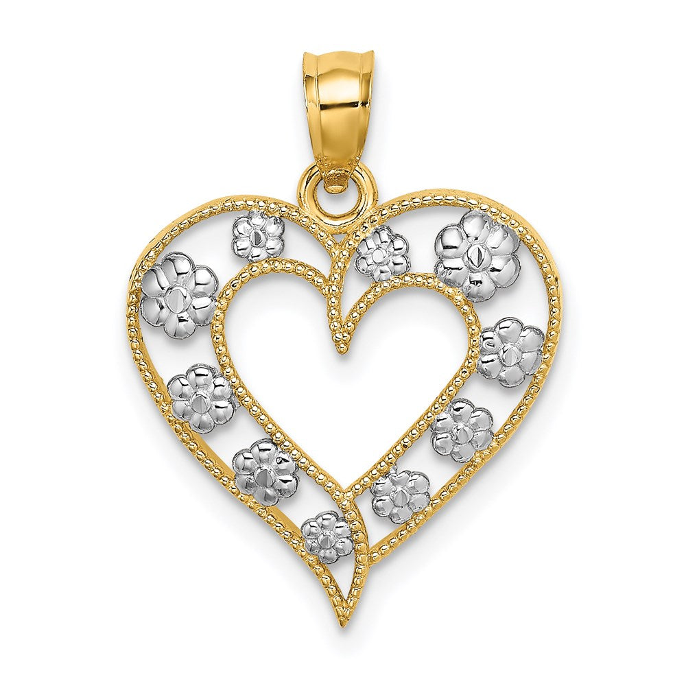 14K Gelb- und Rhodiumgold Zweifarbiges Gold Strukturierter Herz-Charm mit Blumen-Ausschnitt