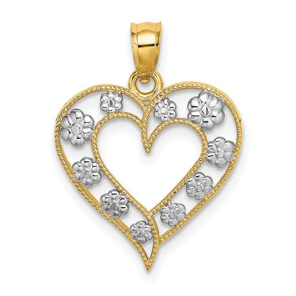 14K Gelb- und Rhodiumgold Zweifarbiges Gold Strukturierter Herz-Charm mit Blumen-Ausschnitt