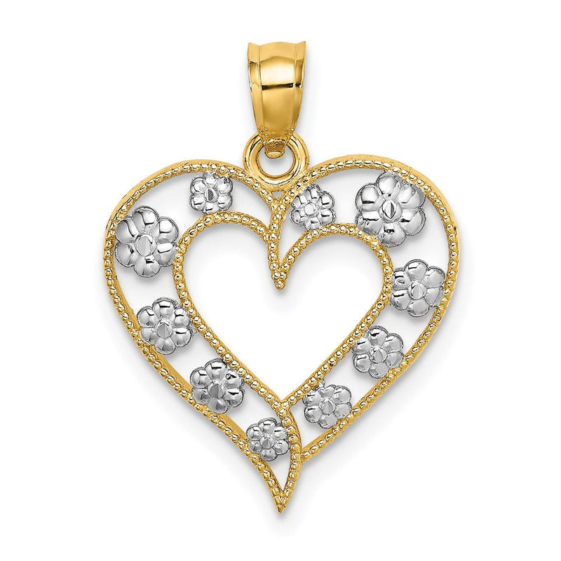 14K Gelb- und Rhodiumgold Zweifarbiges Gold Strukturierter Herz-Charm mit Blumen-Ausschnitt