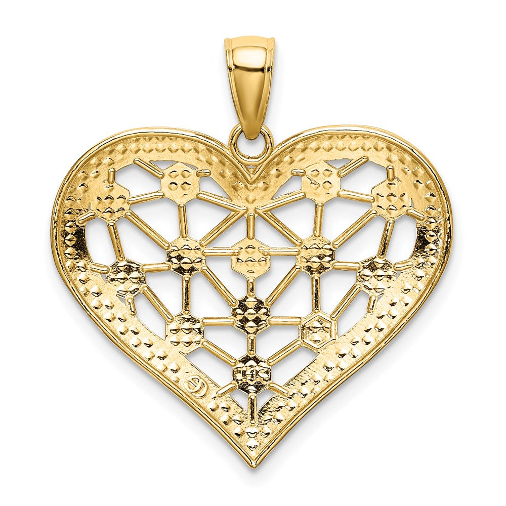 14K Gelb- und Rhodiumgold-Herzcharm mit Rhodium-Gittermuster in der Mitte