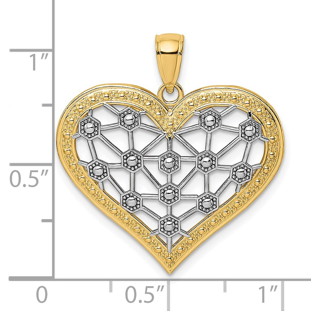 14K Gelb- und Rhodiumgold-Herzcharm mit Rhodium-Gittermuster in der Mitte