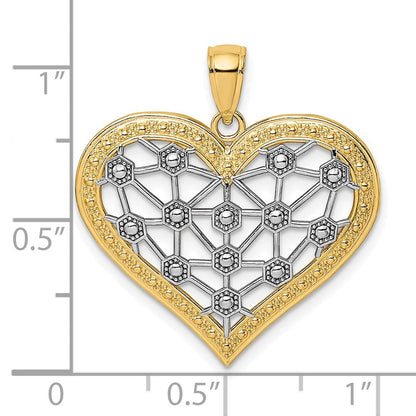 14K Gelb- und Rhodiumgold-Herzcharm mit Rhodium-Gittermuster in der Mitte