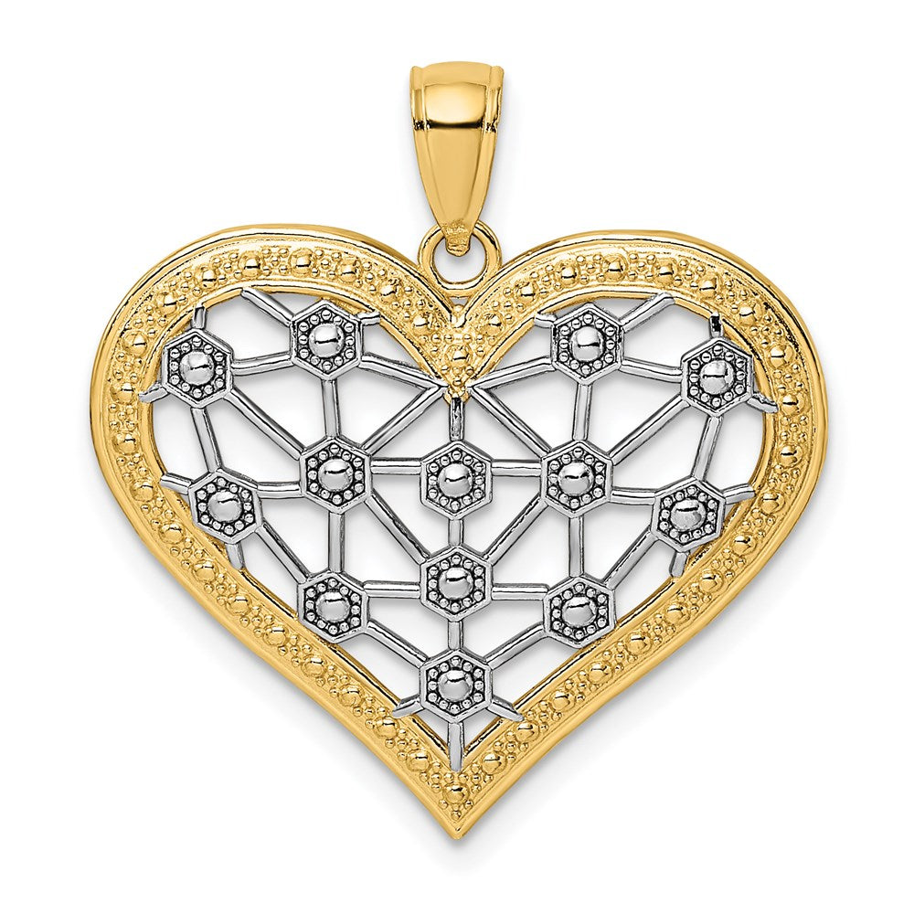14K Gelb- und Rhodiumgold-Herzcharm mit Rhodium-Gittermuster in der Mitte