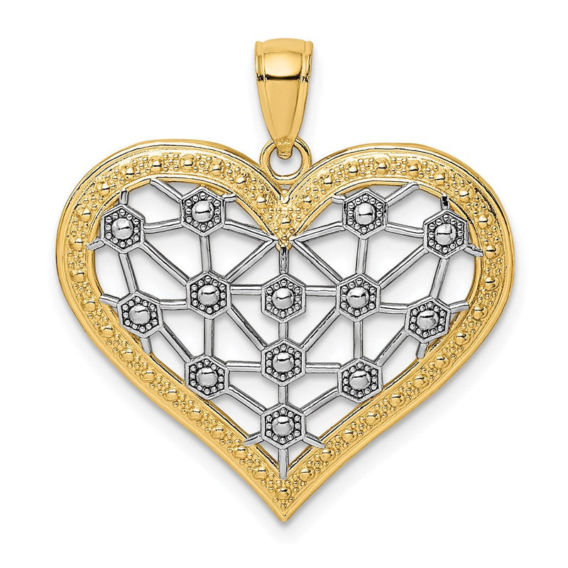 14K Gelb- und Rhodiumgold-Herzcharm mit Rhodium-Gittermuster in der Mitte