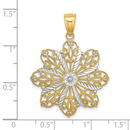14k Gelb- & Rhodiumgold mit rhodiniertem, diamantiertem Blumen-Charm