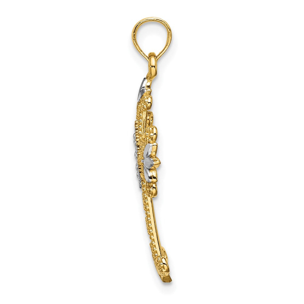 14K Gelb & Rhodium mit Gekugelt und Diamantiert Kreuz Charm