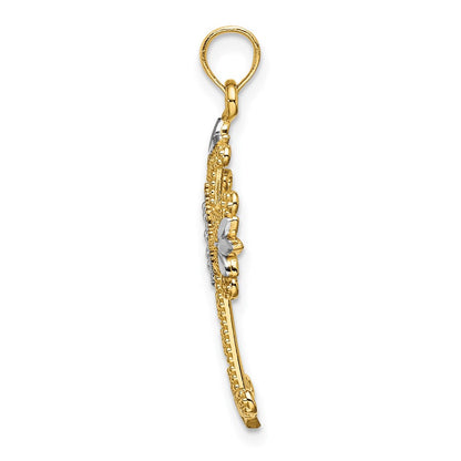 14K Gelb & Rhodium mit Gekugelt und Diamantiert Kreuz Charm
