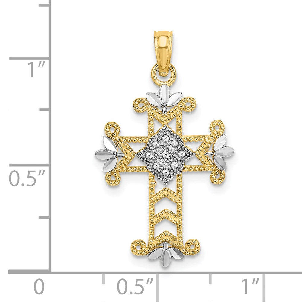 14K Gelb & Rhodium mit Gekugelt und Diamantiert Kreuz Charm