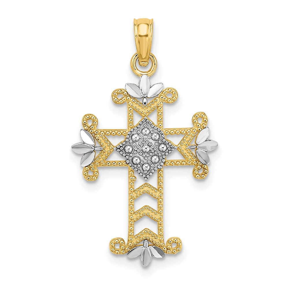 14K Gelb & Rhodium mit Gekugelt und Diamantiert Kreuz Charm