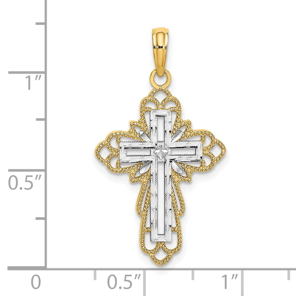 14K Gelb- und Rhodiumgold Kreuz-Charm mit Rhodium-Spitzenbesatz
