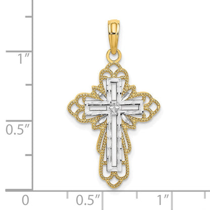 14K Gelb- und Rhodiumgold Kreuz-Charm mit Rhodium-Spitzenbesatz