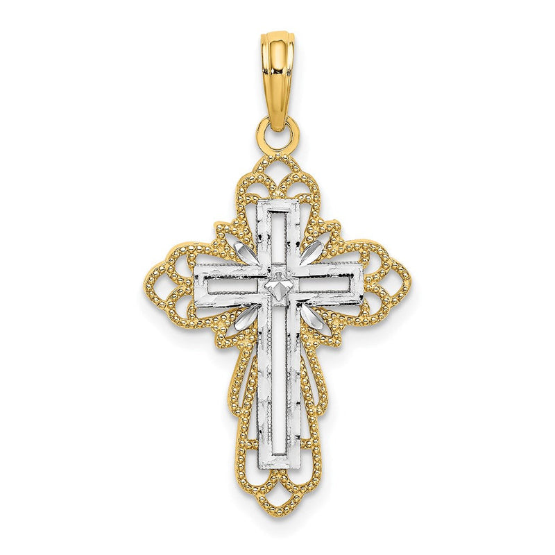 14K Gelb- und Rhodiumgold Kreuz-Charm mit Rhodium-Spitzenbesatz