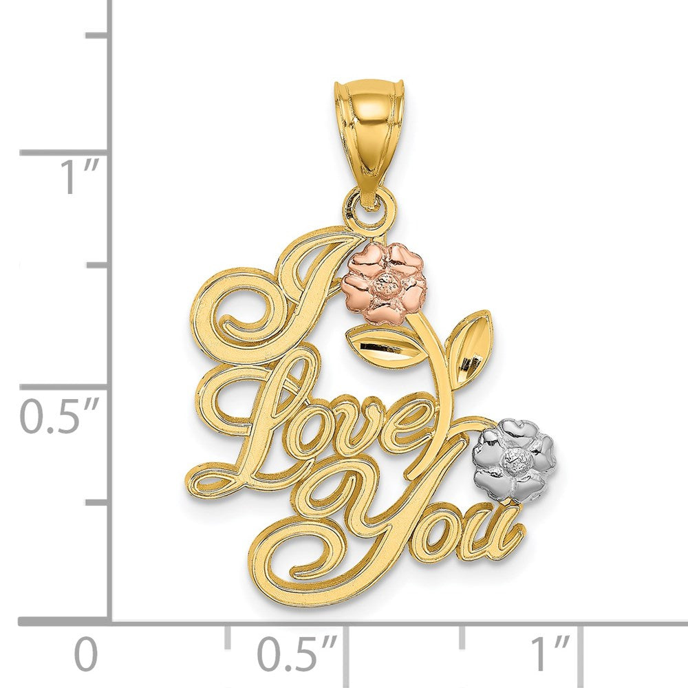 14 Karat Zweifarbiges Gold mit Weißrhodium-Beschichtung "I LOVE YOU" Charm mit Blumen