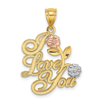 14 Karat Zweifarbiges Gold mit Weißrhodium-Beschichtung "I LOVE YOU" Charm mit Blumen
