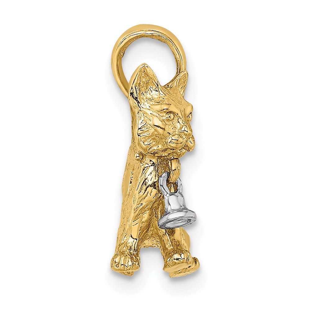 14K Bicolor Gold 3-D Katze mit baumelndem Glöckchen Charm