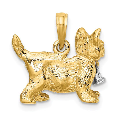14K Bicolor Gold 3-D Katze mit baumelndem Glöckchen Charm