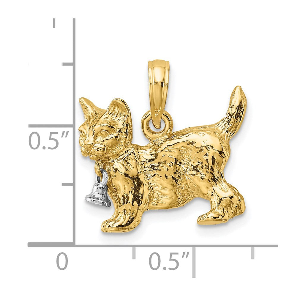 14K Bicolor Gold 3-D Katze mit baumelndem Glöckchen Charm