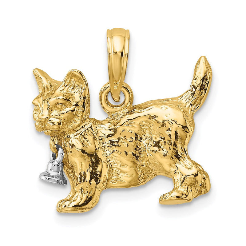 14K Bicolor Gold 3-D Katze mit baumelndem Glöckchen Charm