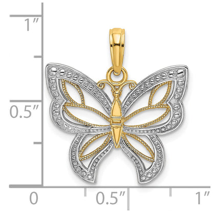 14K Gelbgold & Rhodium mit Rhodium-Schmetterling mit weißen Perlenflügeln-Charm