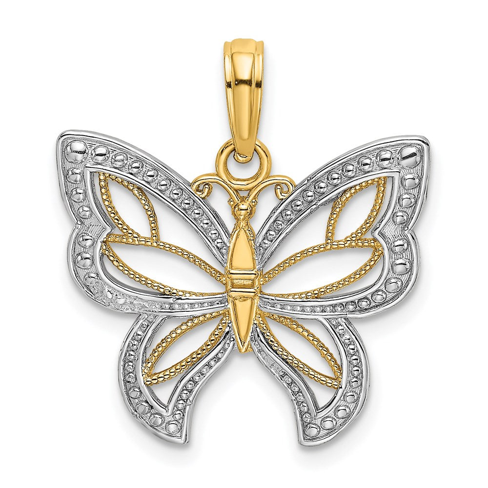 14K Gelbgold & Rhodium mit Rhodium-Schmetterling mit weißen Perlenflügeln-Charm