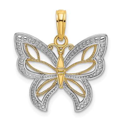 14K Gelbgold & Rhodium mit Rhodium-Schmetterling mit weißen Perlenflügeln-Charm